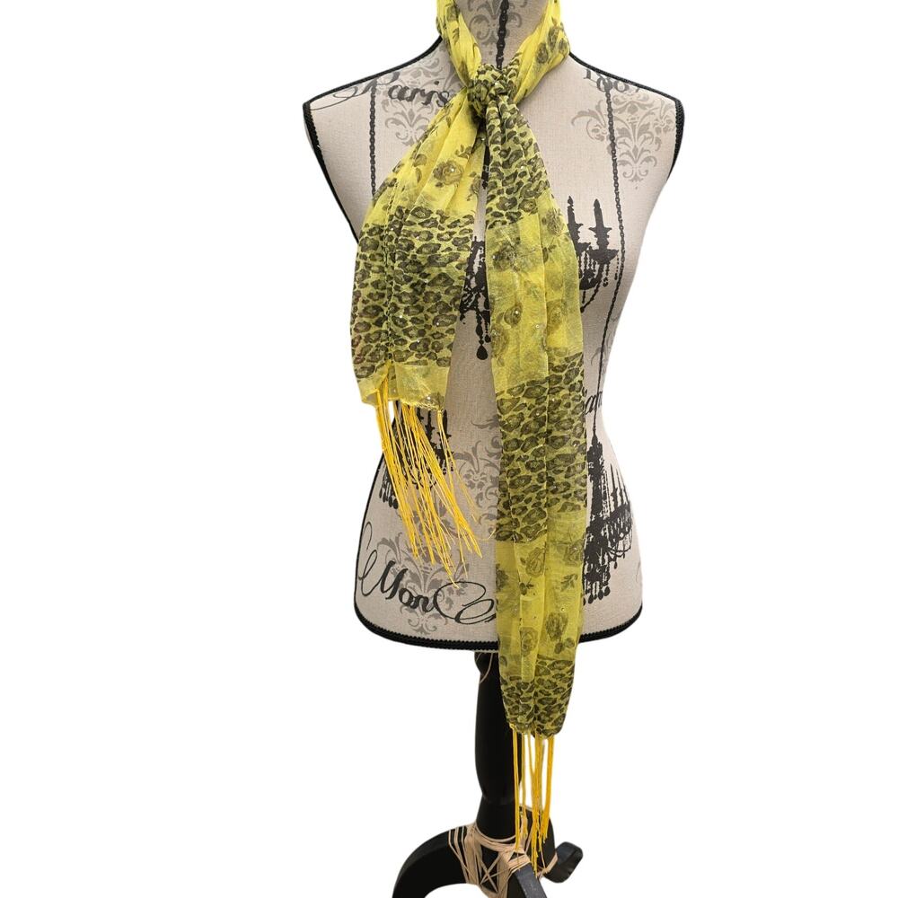 Y2k Yellow Cheetah Shimmer Fringe Scarf